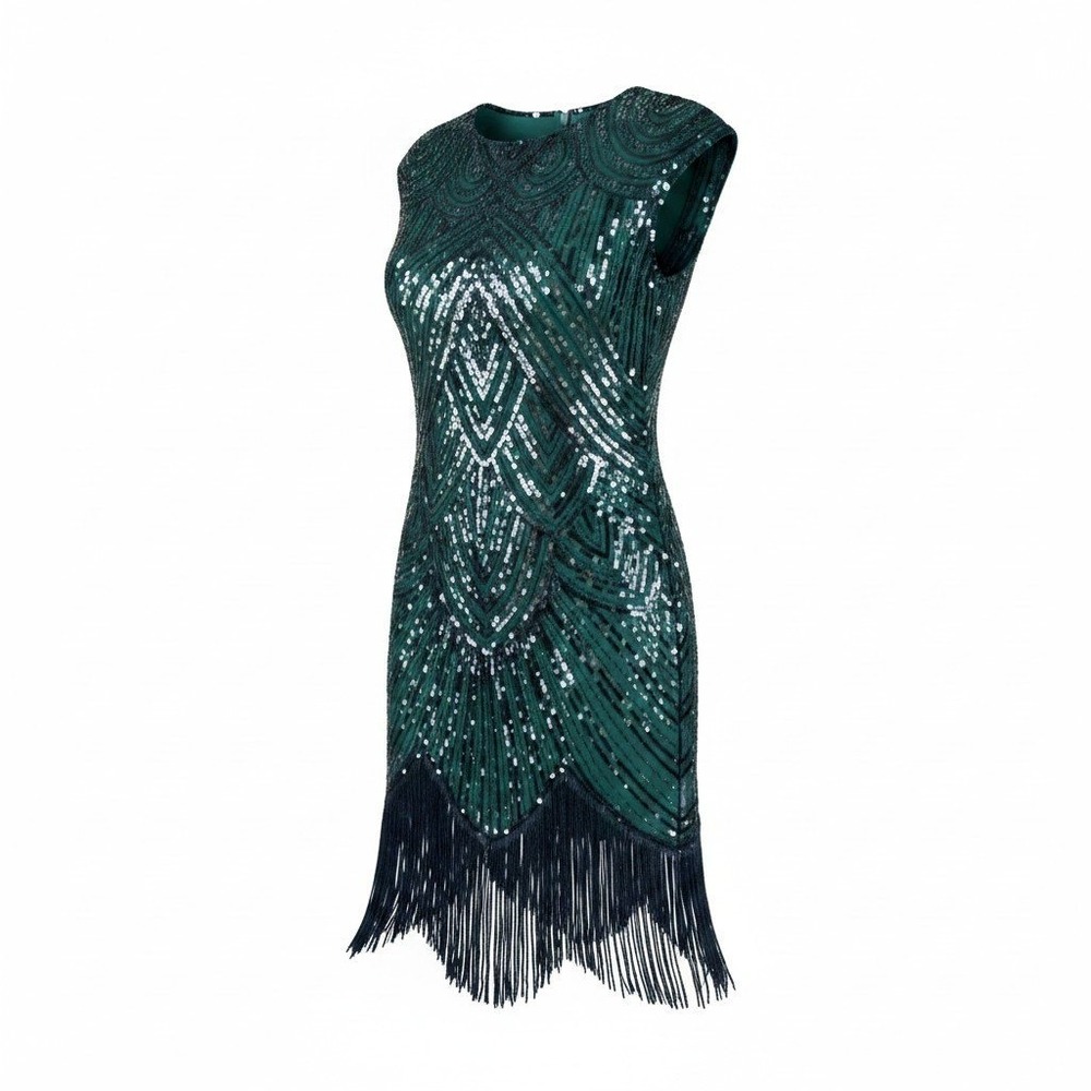 Fundaisy Green Black Sequin Fringe Flapper Dress Art Deco Gatsby Party Large